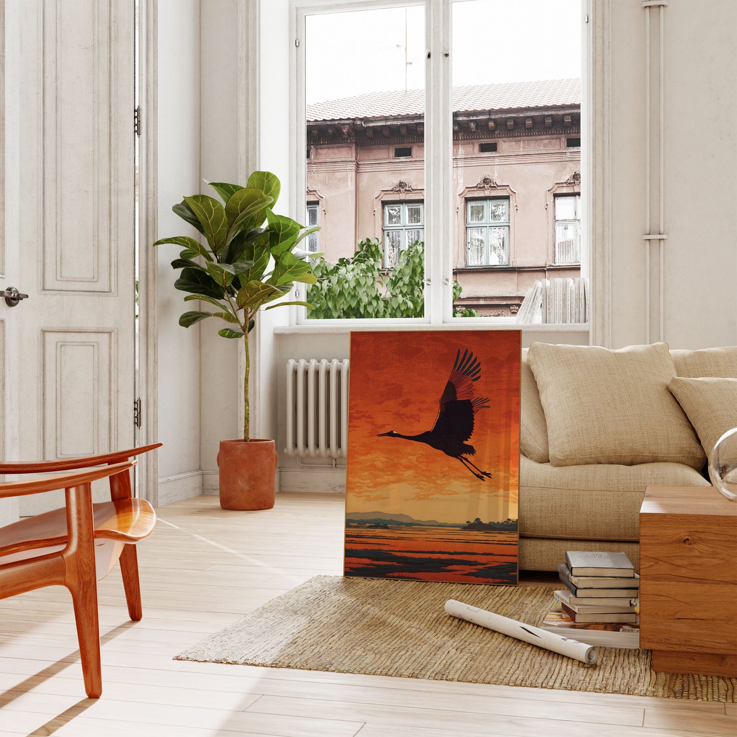 Póster de Grúa Despegando al Atardecer