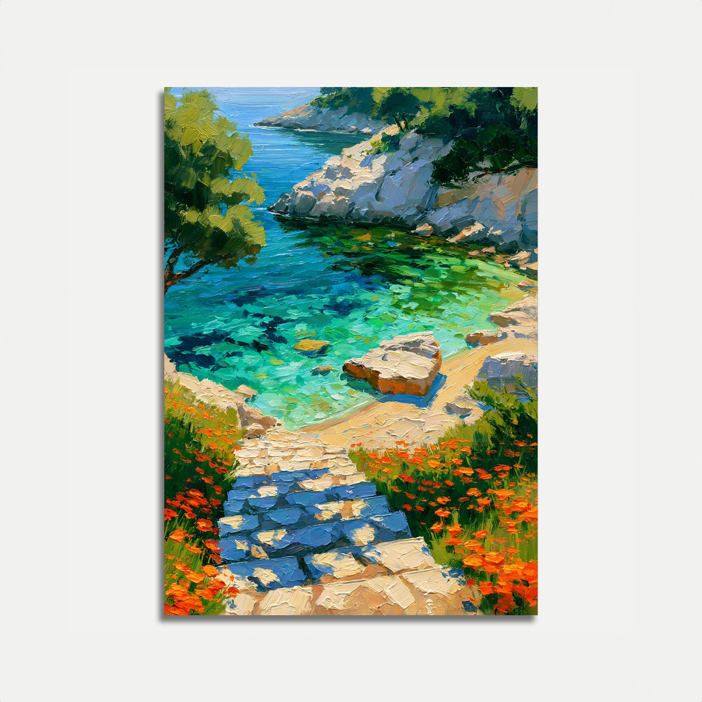 Wandbild Küstenbucht mit Wildblumen