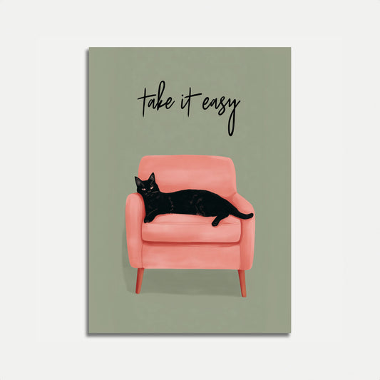 Pôster de Gato Relaxado em Cadeira Rosa