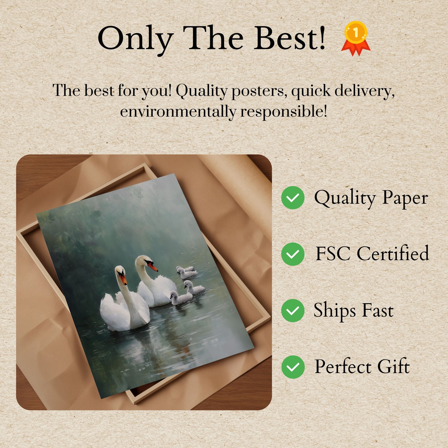 Swan Family on Misty Lake Poster