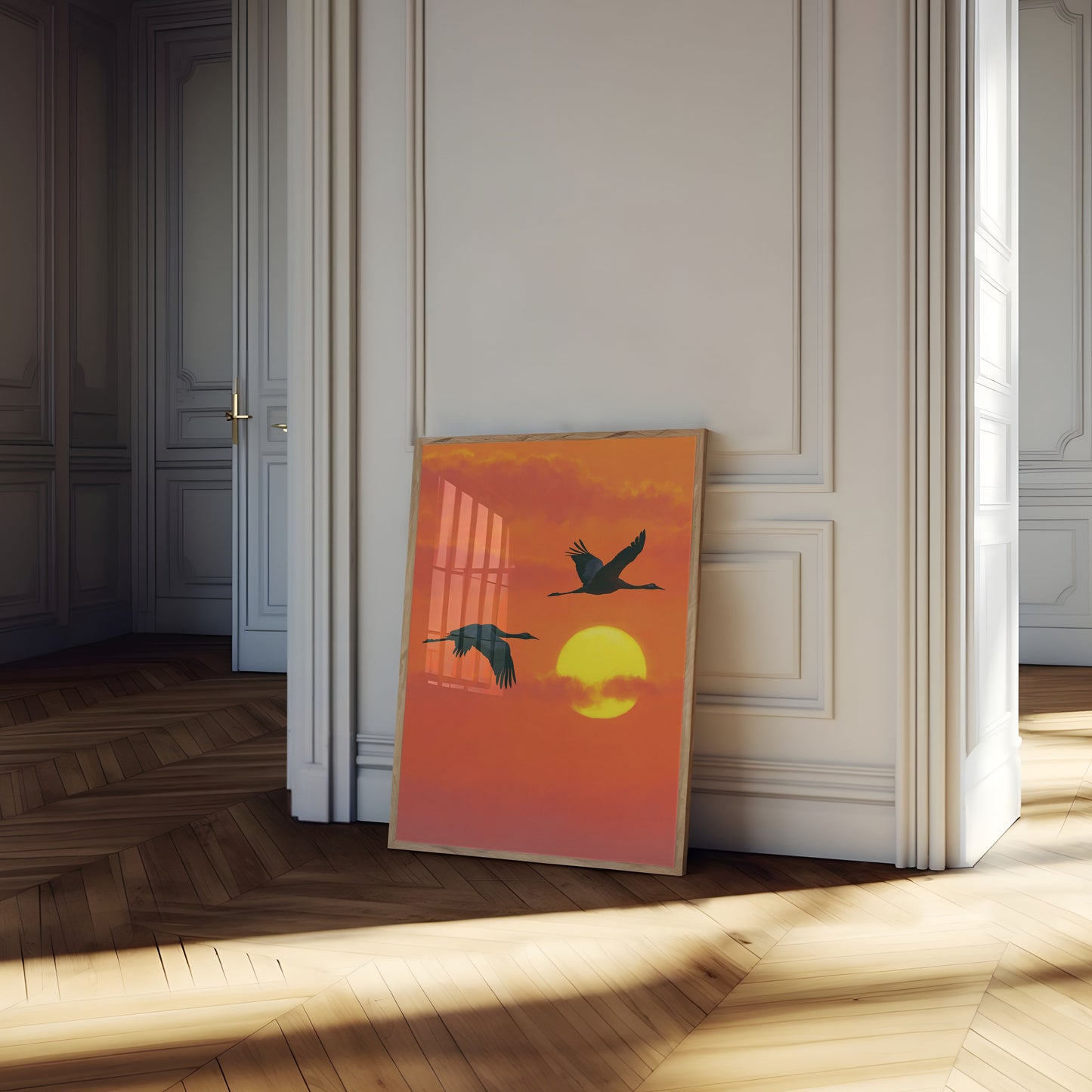 Affiches : Grues Volant Au Coucher Du Soleil
