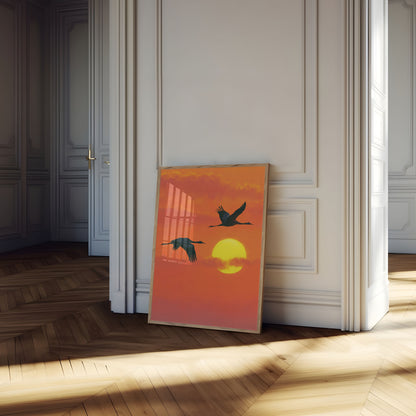 Affiches : Grues Volant Au Coucher Du Soleil