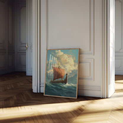 Póster de viaje oceánico en barco vikingo