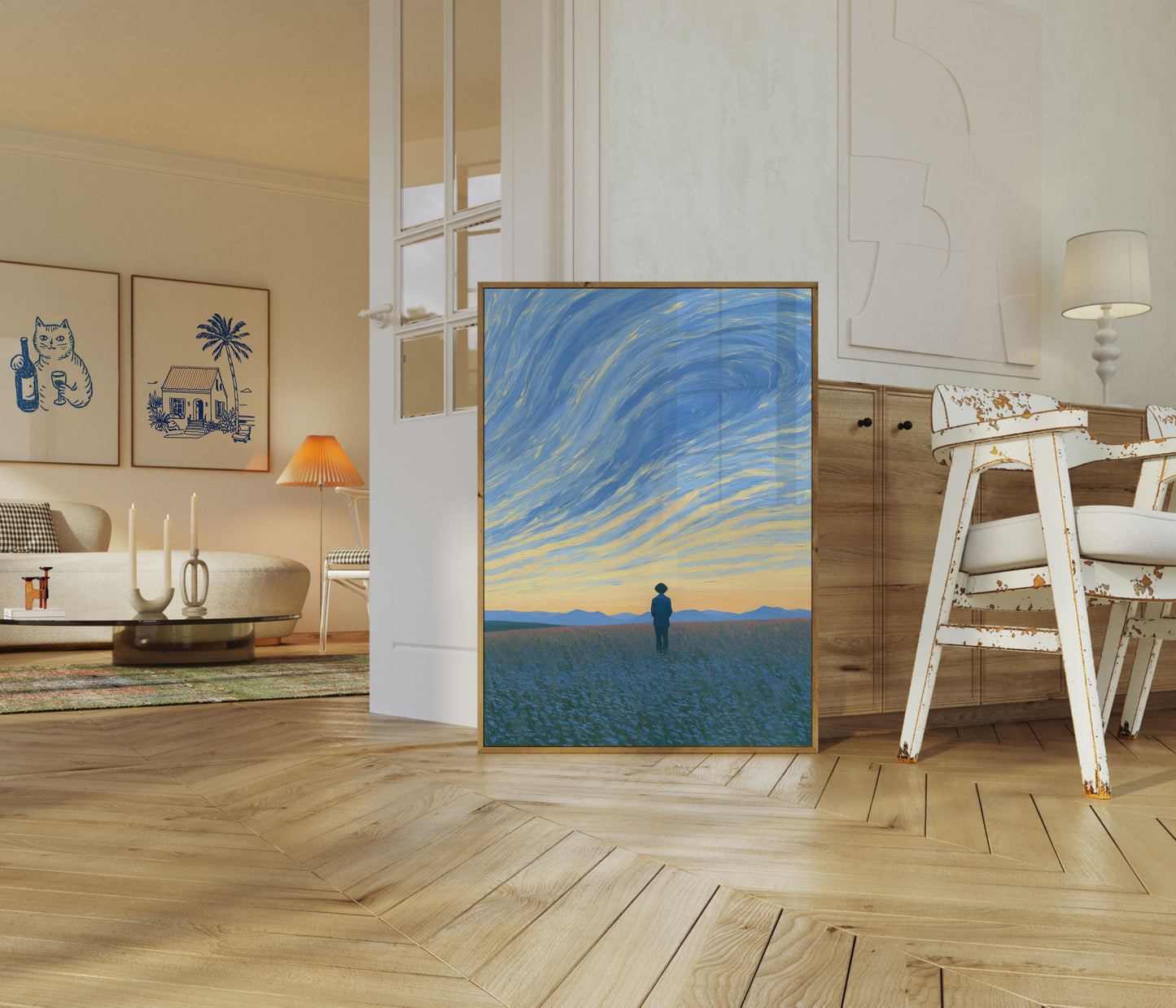 Figure solitaire sous un ciel tourbillonnant Affiche