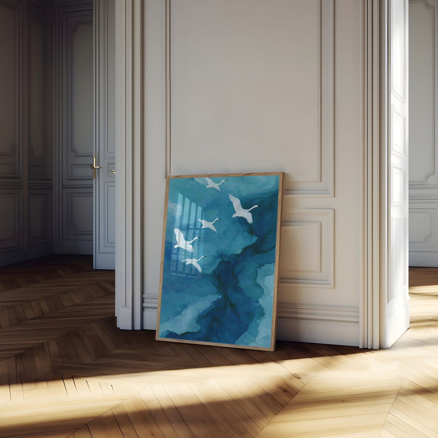 Flying Cranes Over Blue Waters Poster