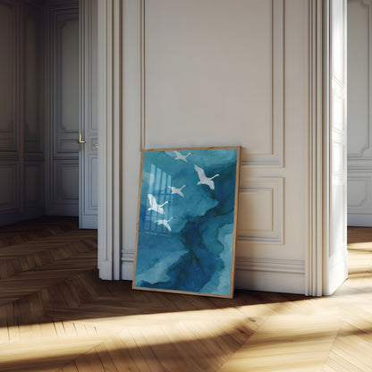 Flying Cranes Over Blue Waters Poster