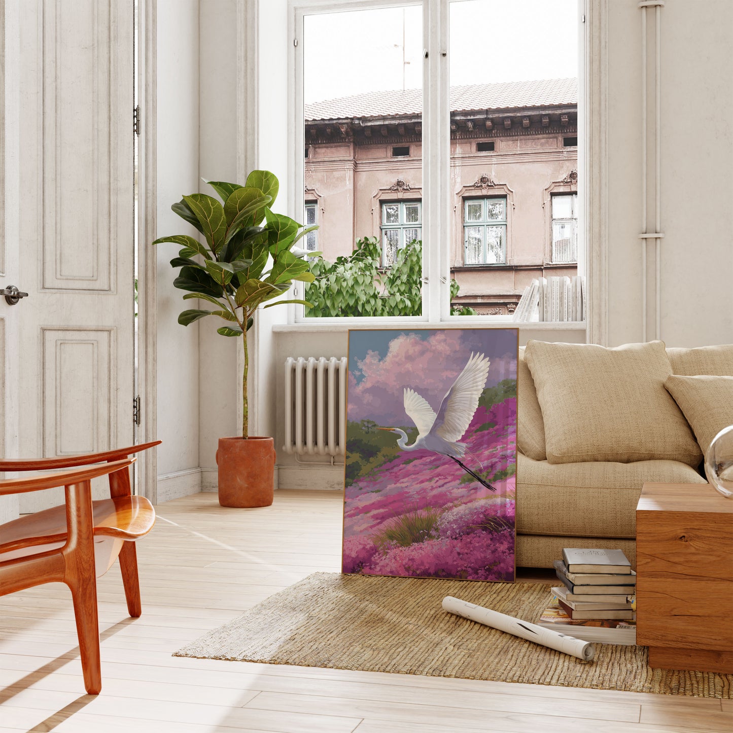 White Heron in Flowering Meadow Poster