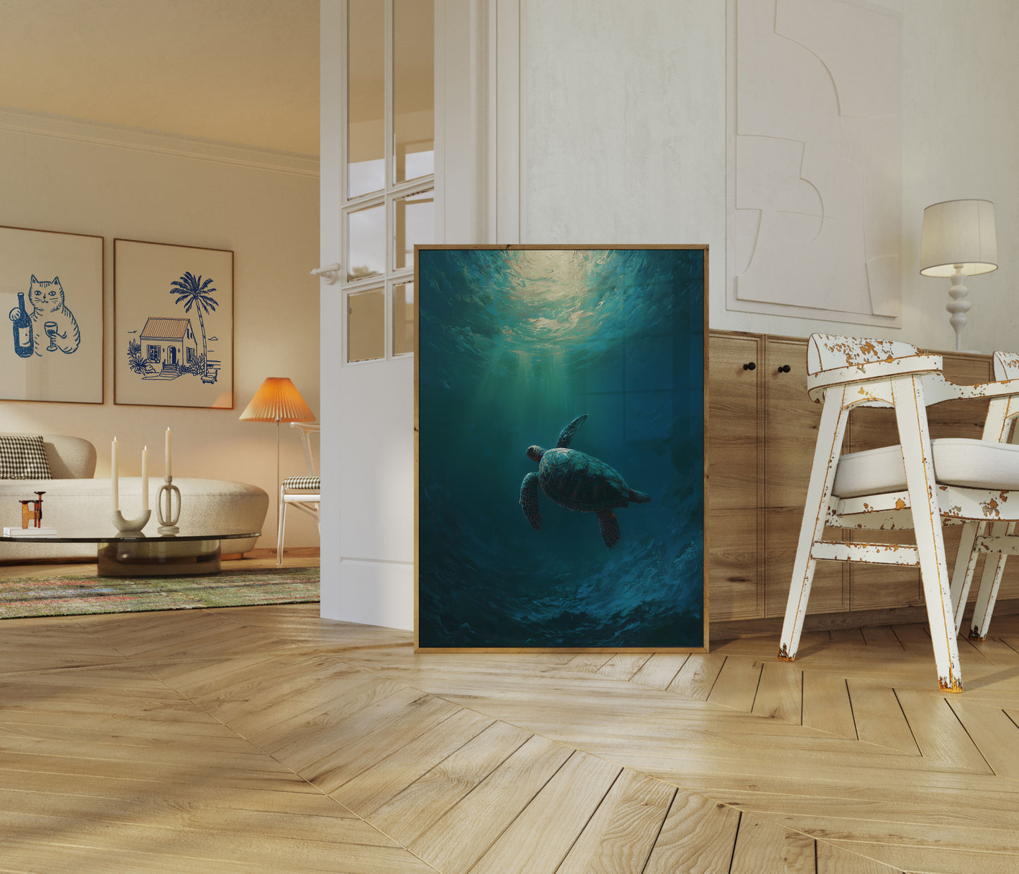 Zeechildpad die omhoog zwemt poster