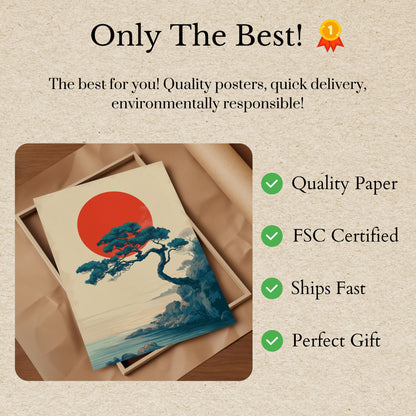 Póster de paisaje de bonsái con sol carmesí