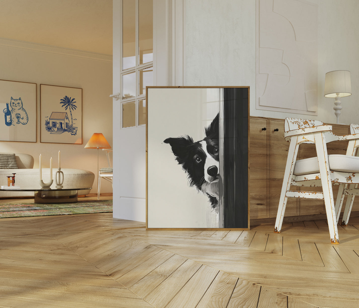 Curious Dog Peeking Corner Poster