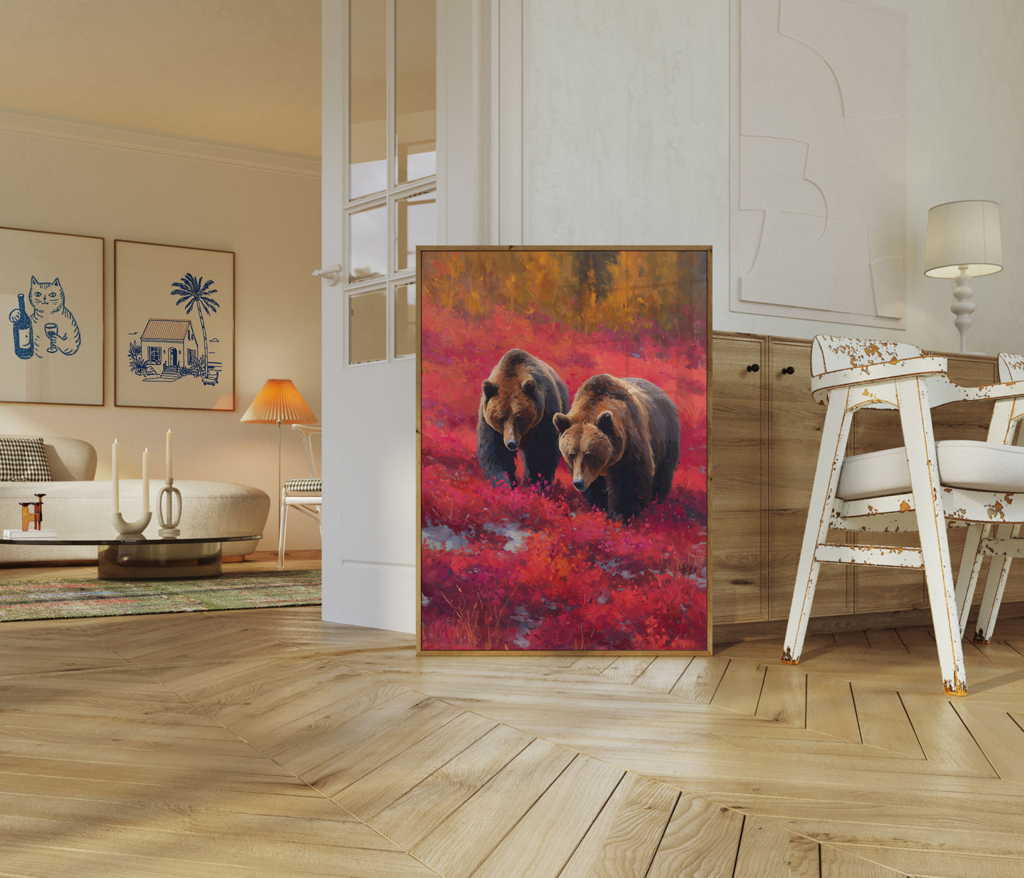 Ours dans l'affiche de fleurs sauvages cramoisies