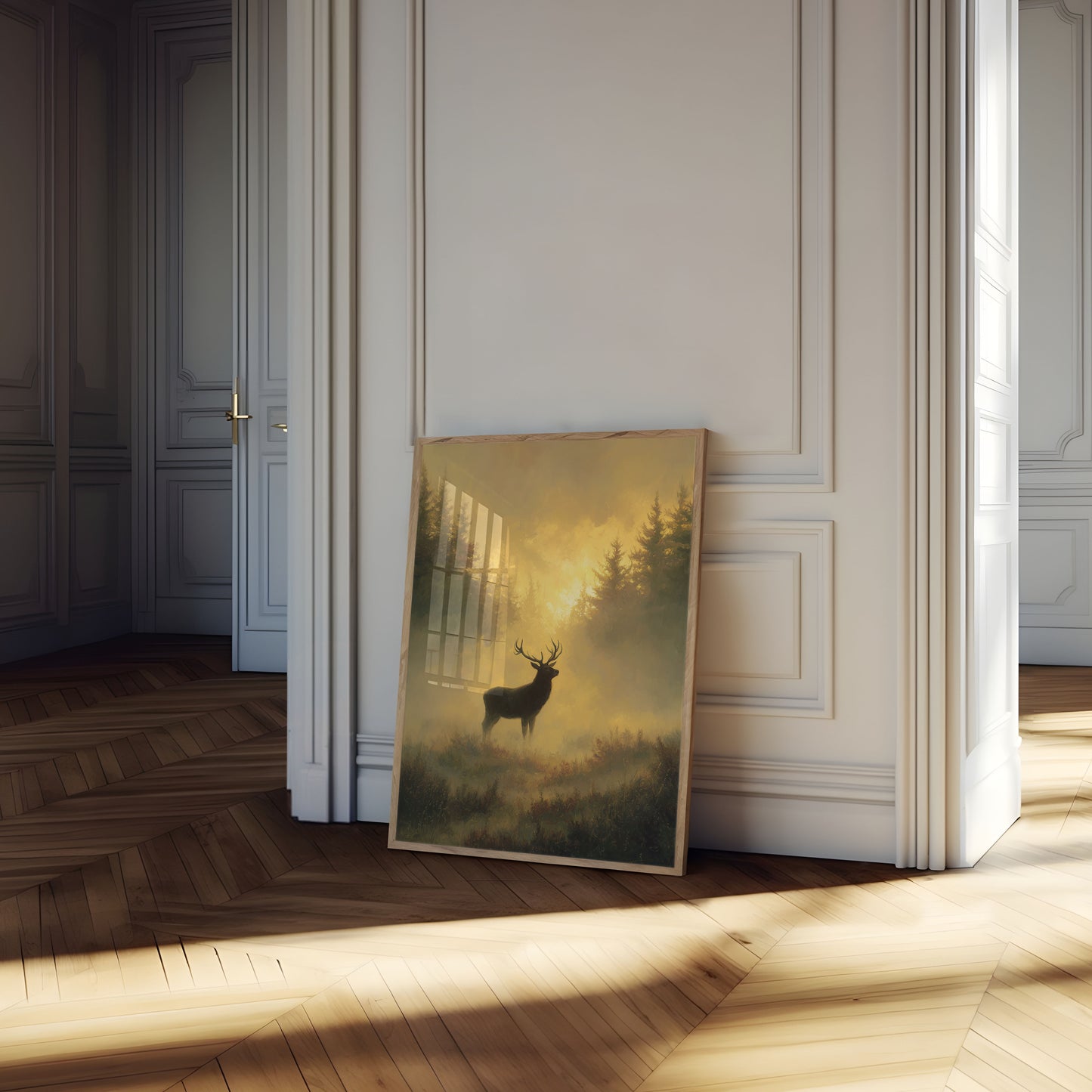 Majestic Deer in Golden Mist Poster