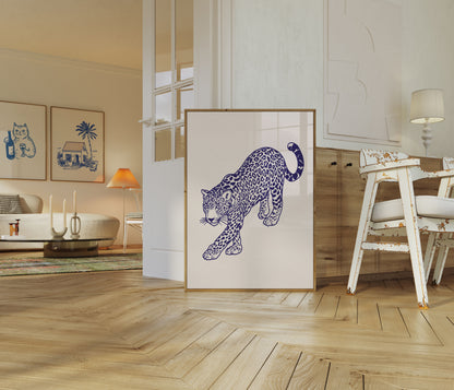 Leopard Prowess Navy Blue Poster