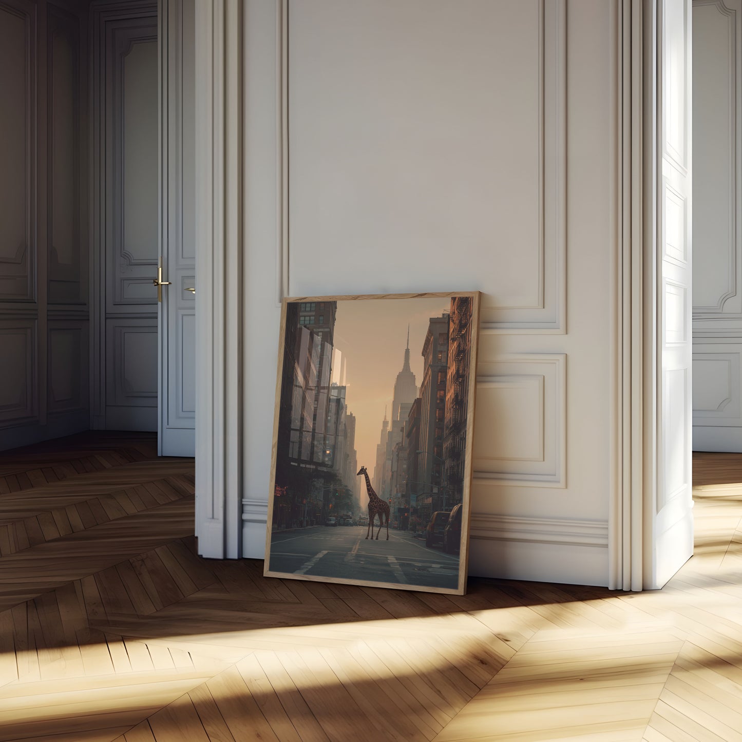 Póster de jirafa en la jungla urbana