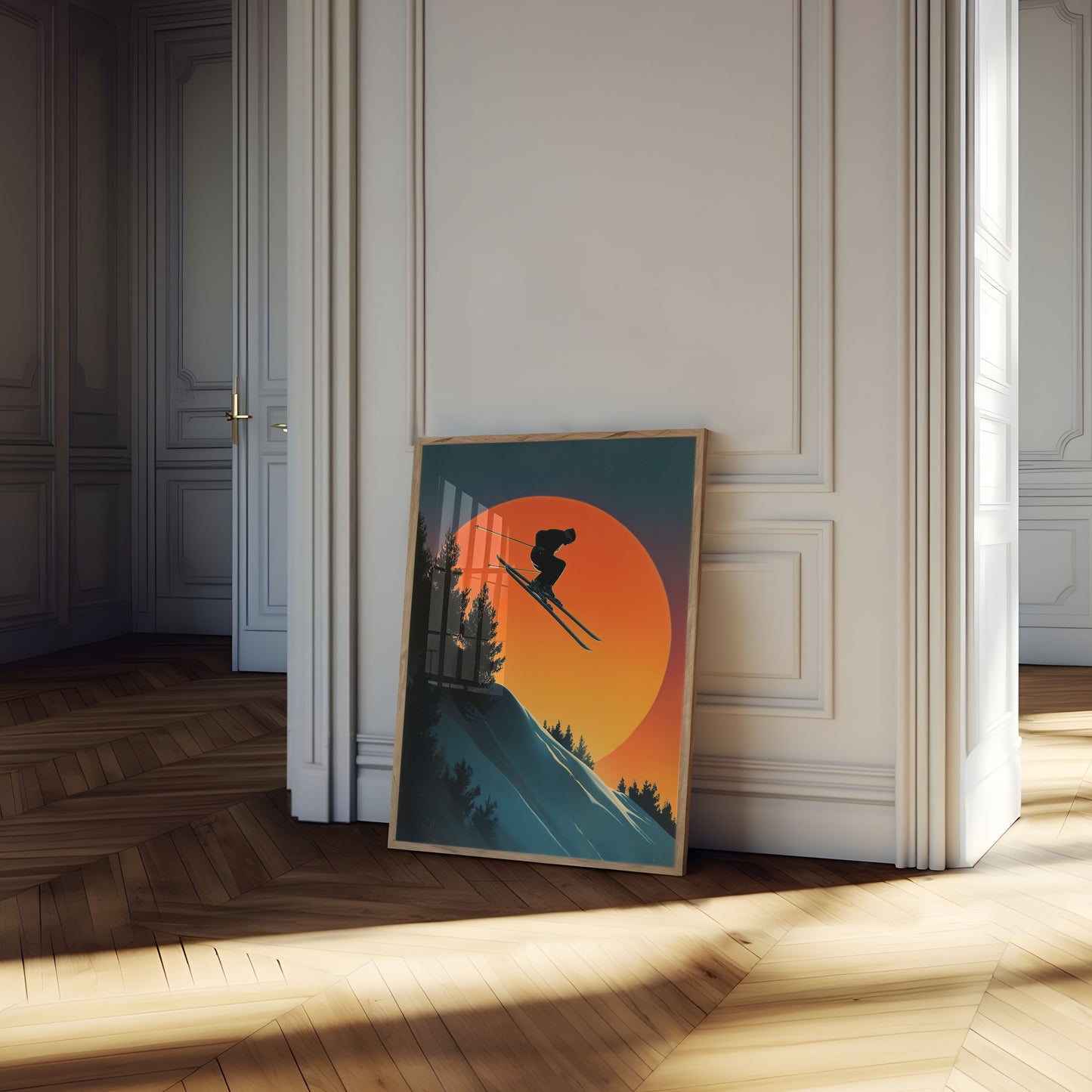 Sonnenuntergangs-Ski-Abenteuer-Poster