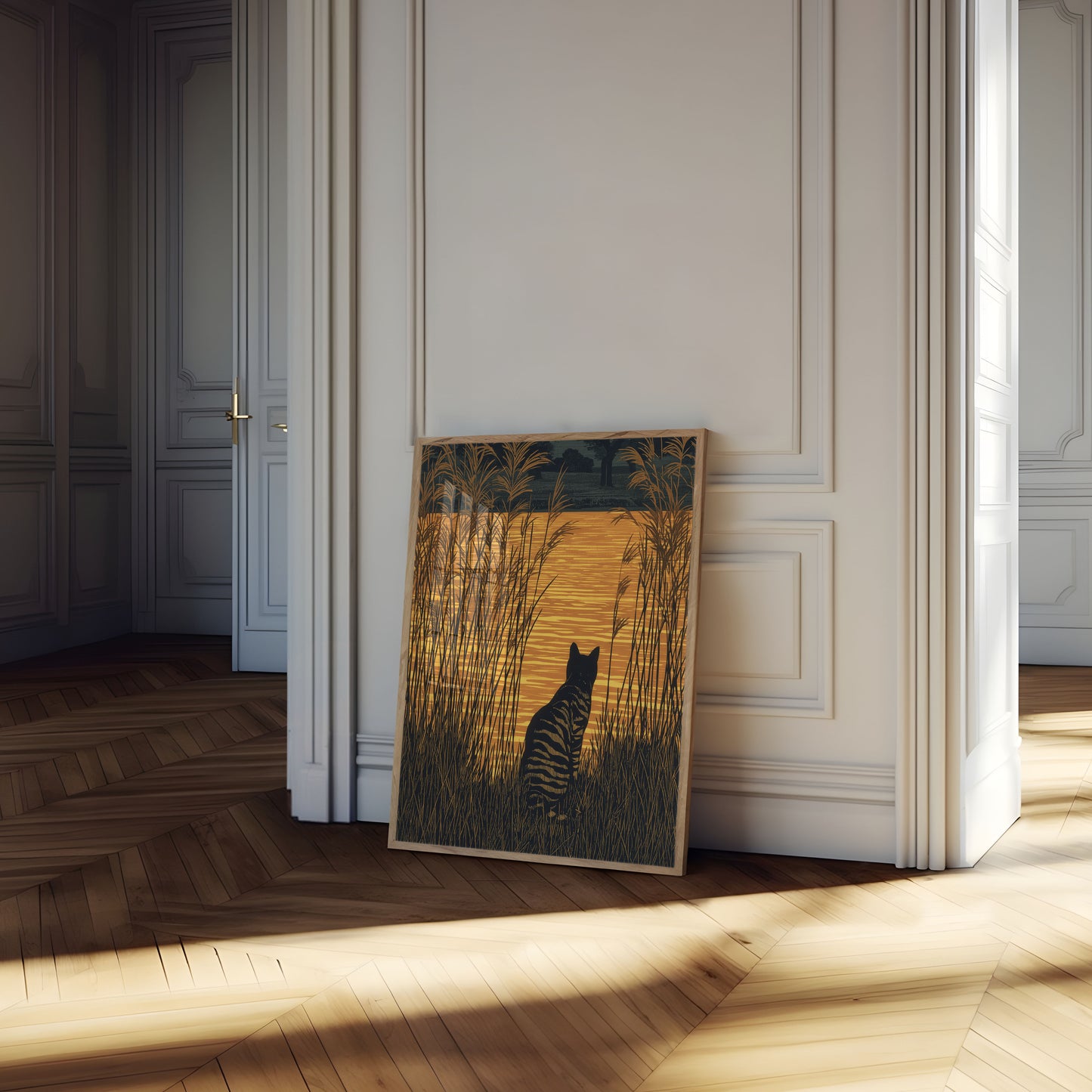 Cat Watching Golden Sunset Poster