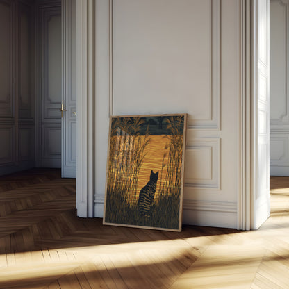 Cat Watching Golden Sunset Poster