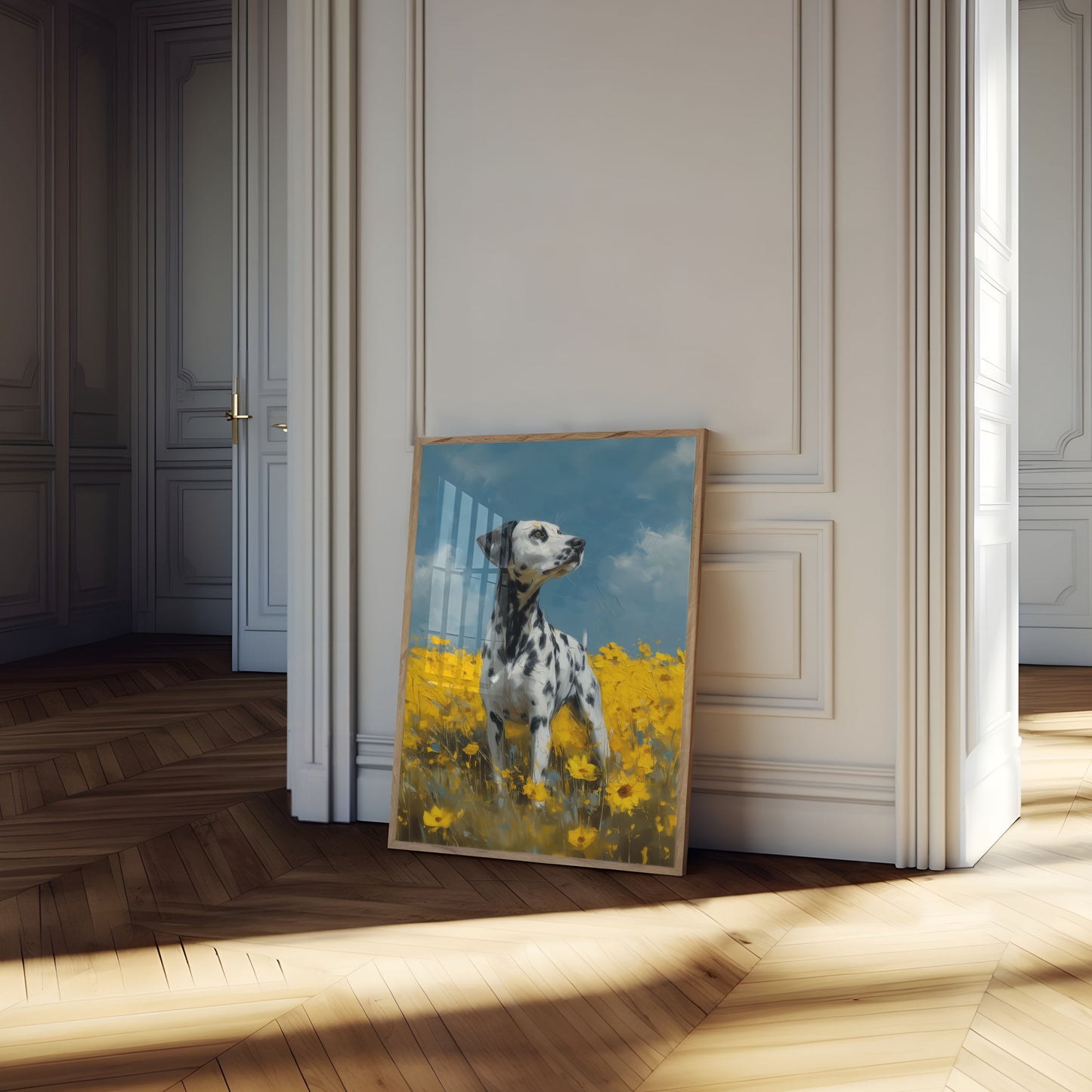 Póster de dálmata en un campo de girasoles