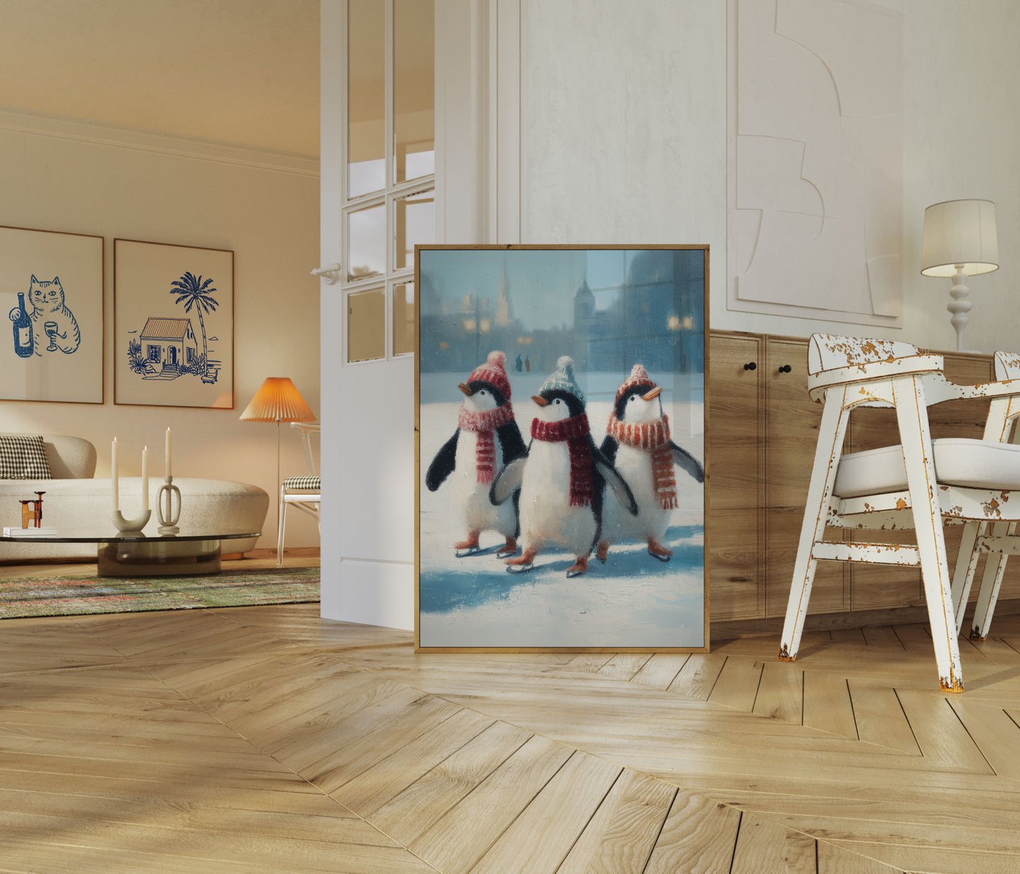 Póster de invierno de los pingüinos patinadores