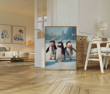 Póster de invierno de los pingüinos patinadores