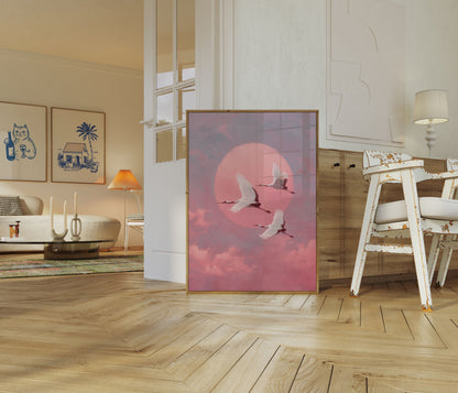 Pink Sunset Crane Flight Poster
