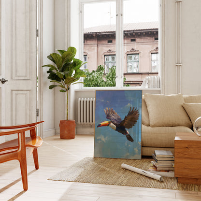 Flying Toucan in Blue Sky Poster