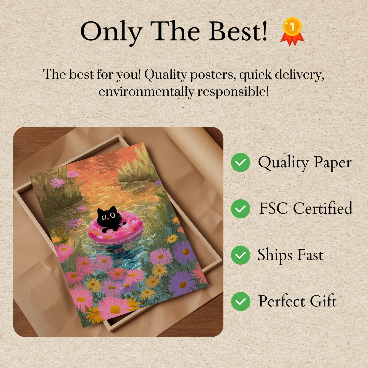 Cute Cat Floating Flower Poster