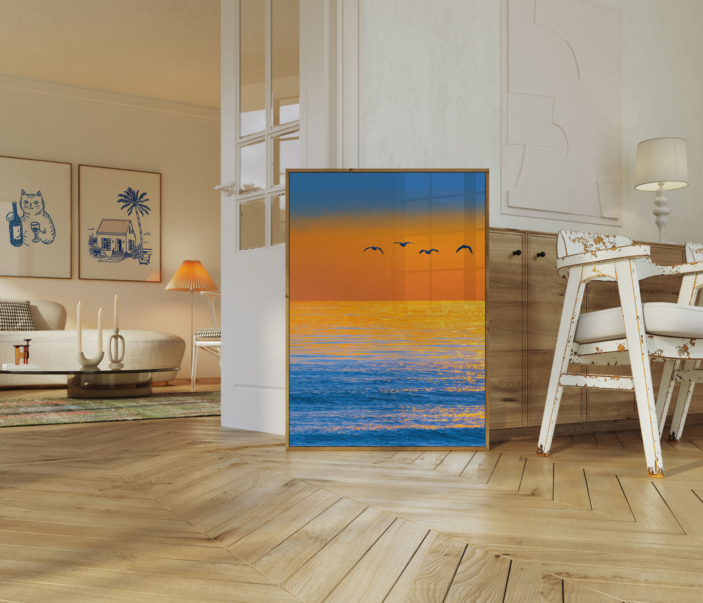 Fugle Flyver Over Gylden Solnedgang Plakat