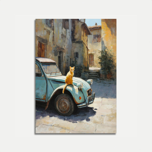 Orange Cat on Vintage Car Poster