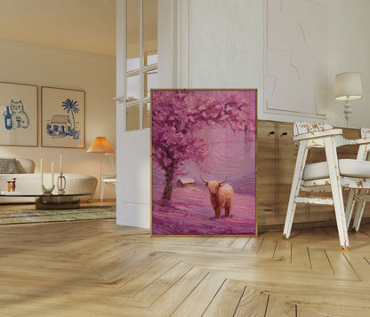 Highland Cattle in Pink Landscape Poster
