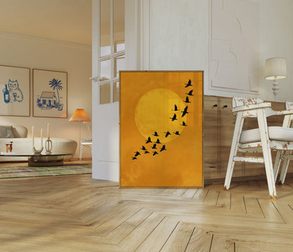 Birds Flying Over Golden Moon Poster