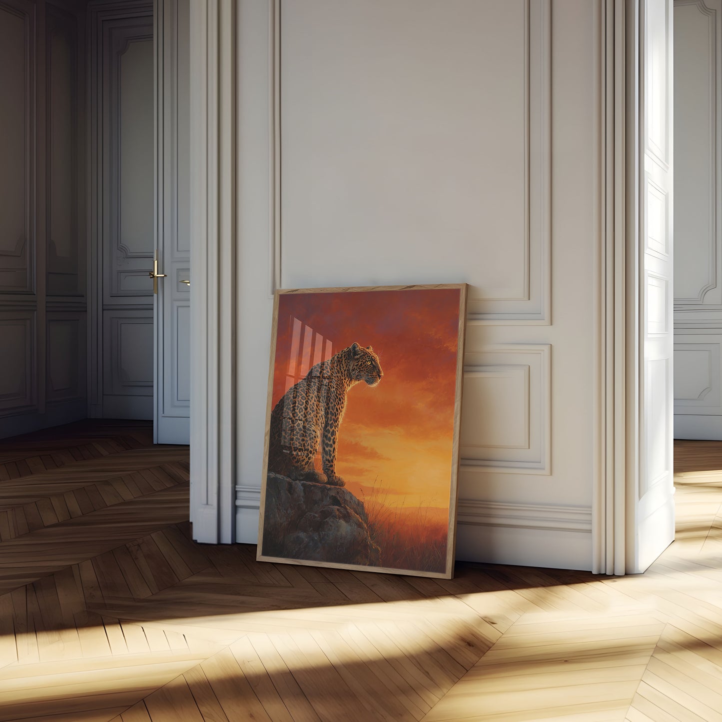 Luipaard op Steen bij Zonsondergang Poster