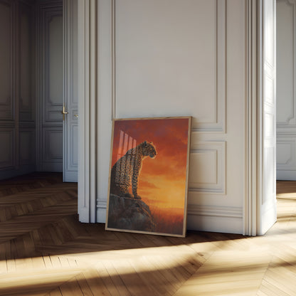 Luipaard op Steen bij Zonsondergang Poster