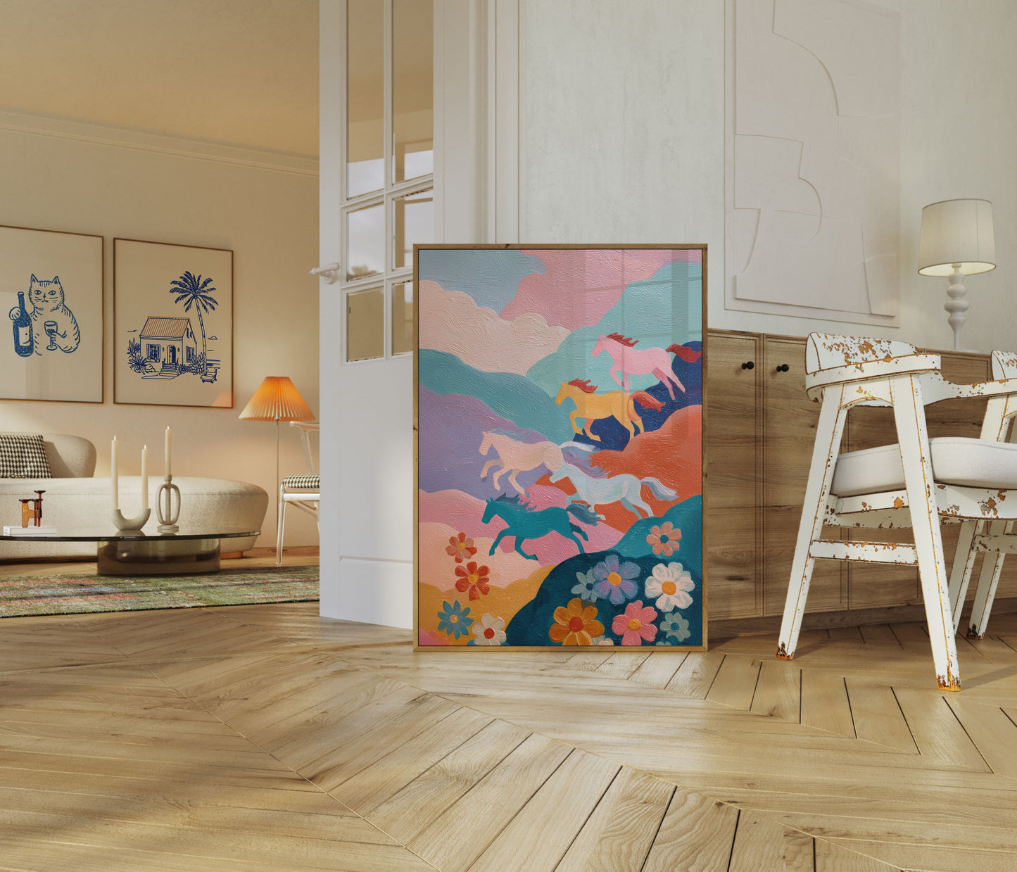 Running Horses Floral Landscape Poster