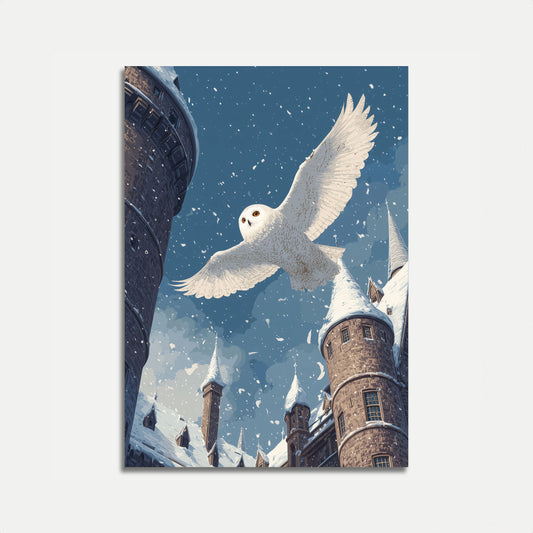 Snowy Owl Flying Over Castle Poster