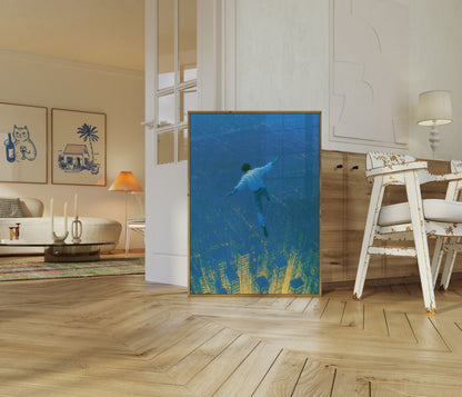 Ethereal Diver Above Cityscape Poster
