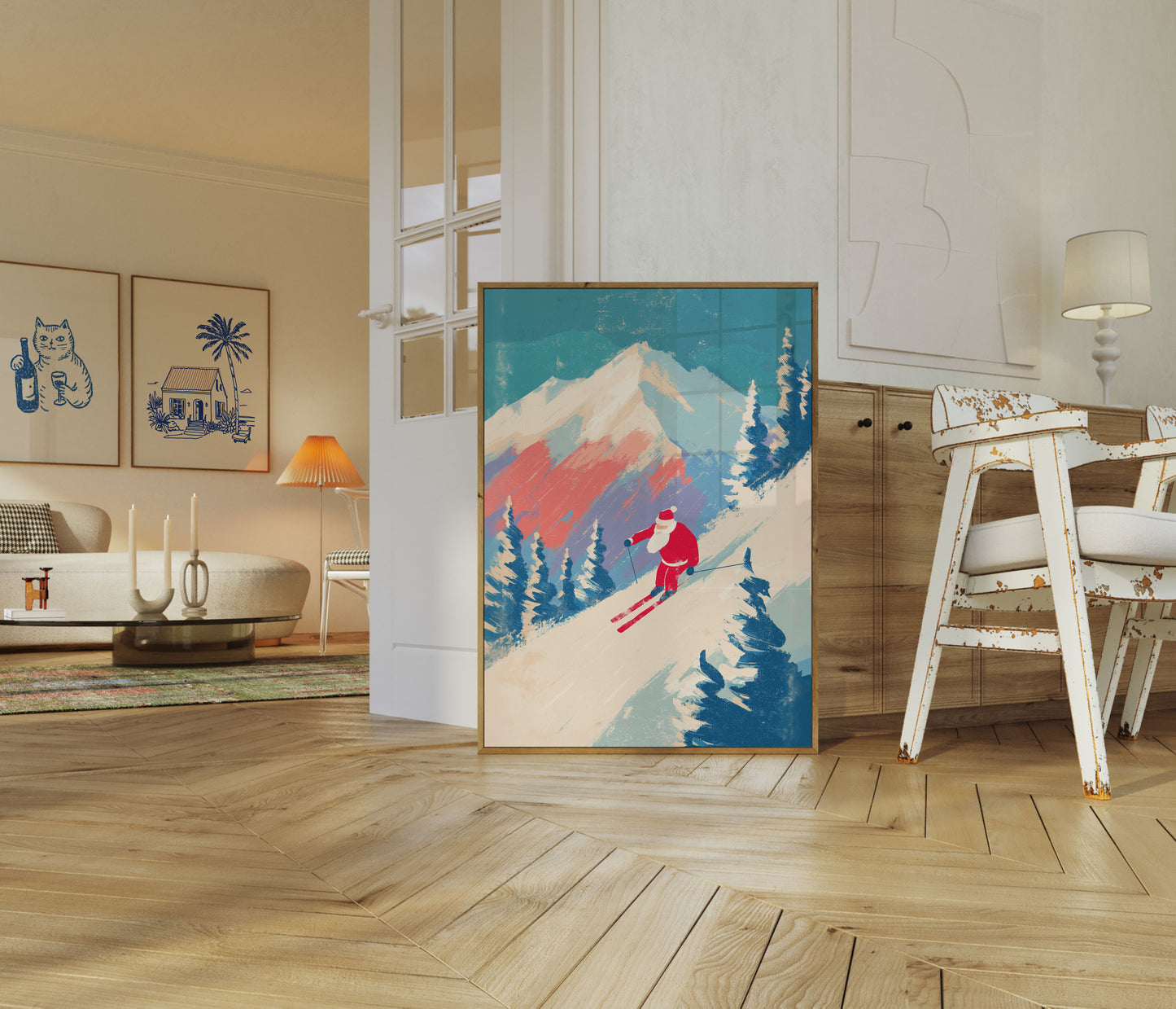 Santa Skiing Mountain Adventure Poster