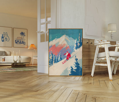 Santa Skiing Mountain Adventure Poster