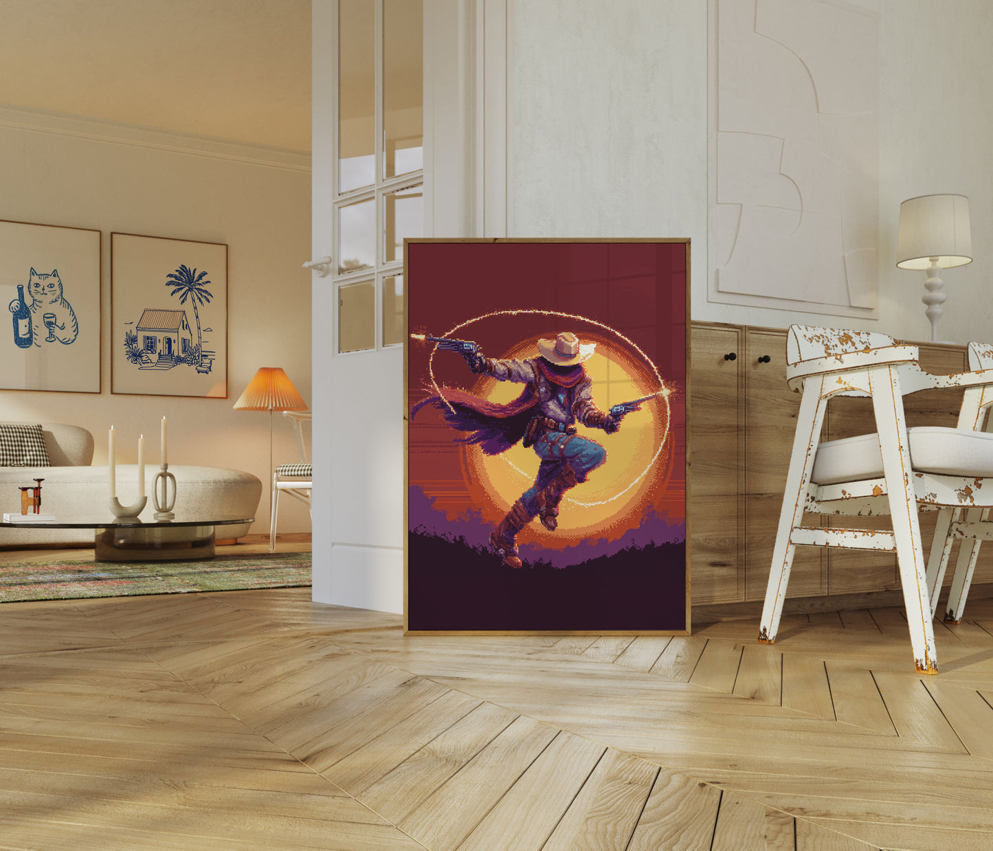 Sonnenuntergangs-Cowboy-Revolverheld Poster