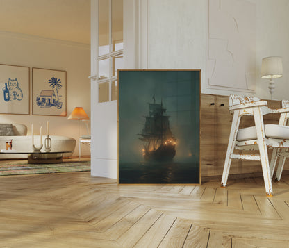 Ghostly Pirate Ship Night Poster