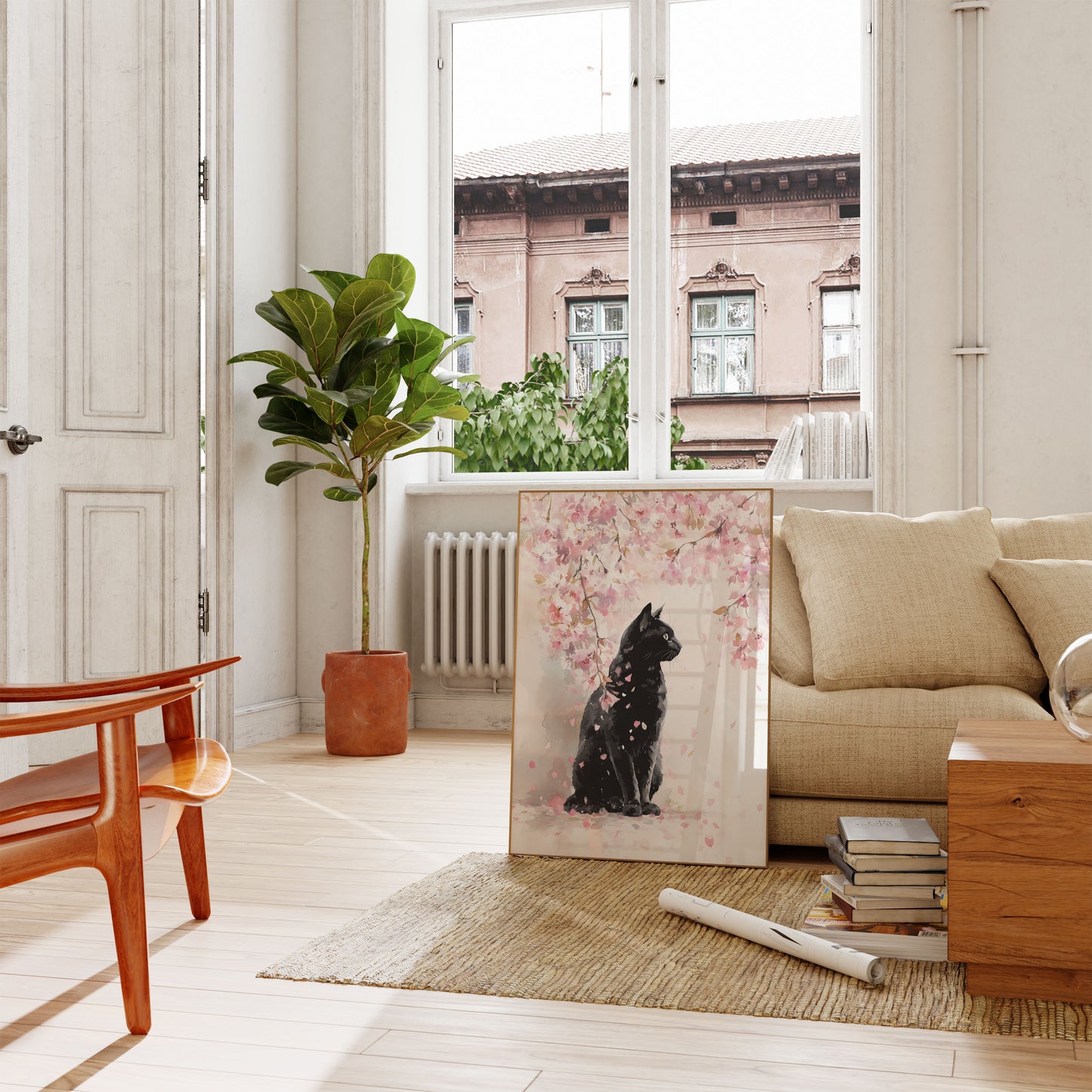 Sort kat under kirsebærblomster plakat