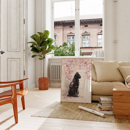 Sort kat under kirsebærblomster plakat