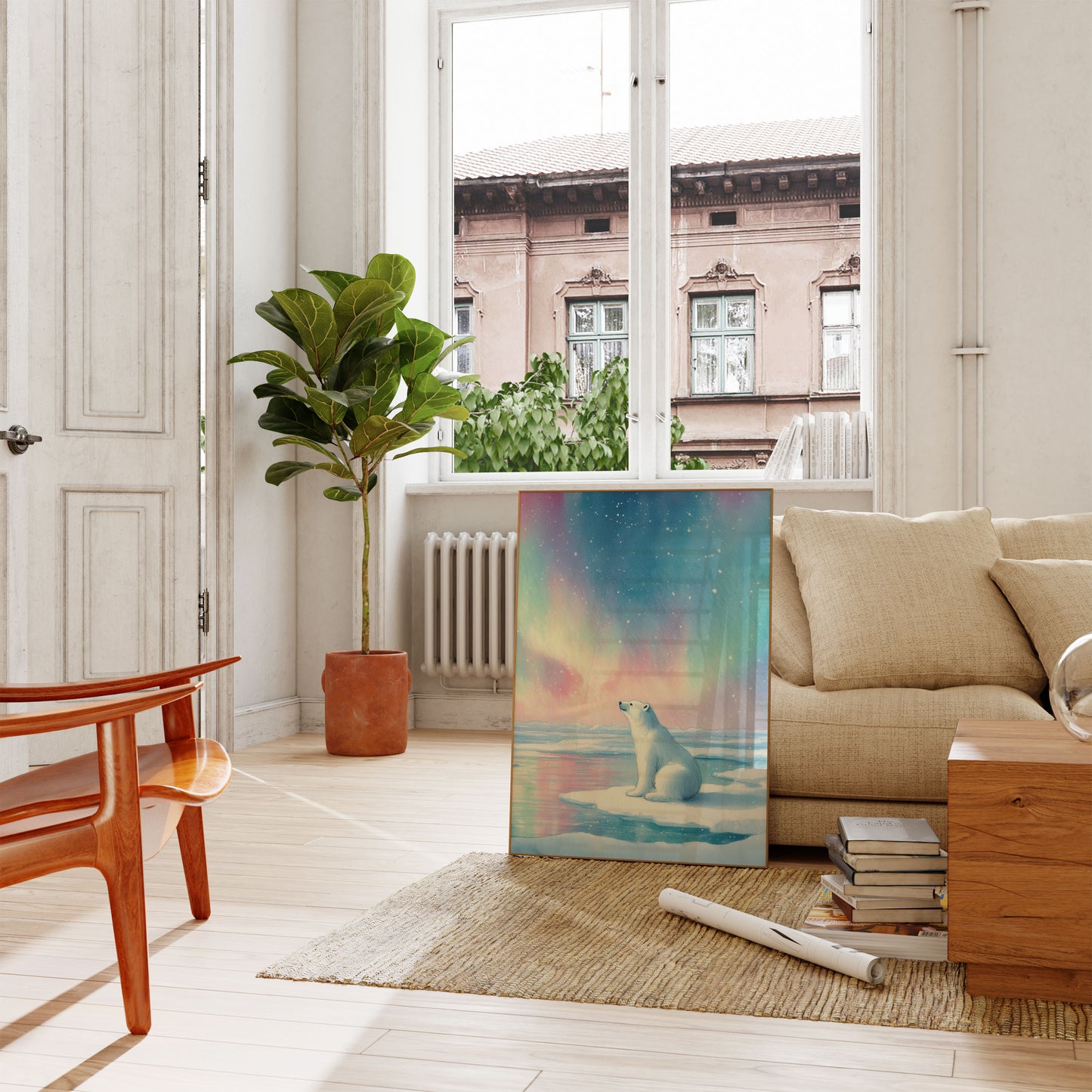 Póster de oso polar con aurora ártica