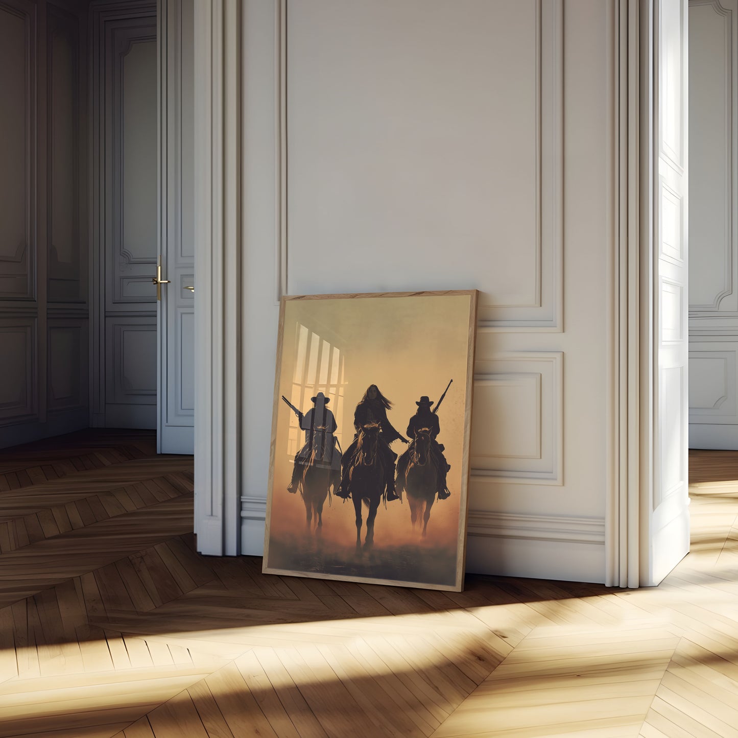 Drie Cowboys Woestijn Zonsondergang Poster