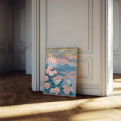 Poster: Kraniche unter rosa Pfingstrosen