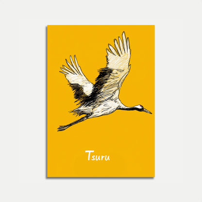 Póster de una grulla japonesa en vuelo