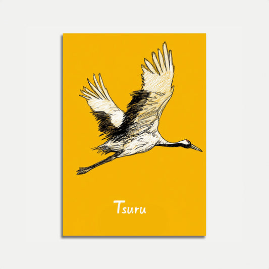 Póster de una grulla japonesa en vuelo