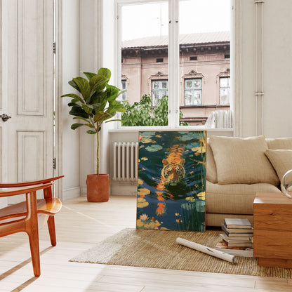 Tiger Swimming in Lily Pond Poster