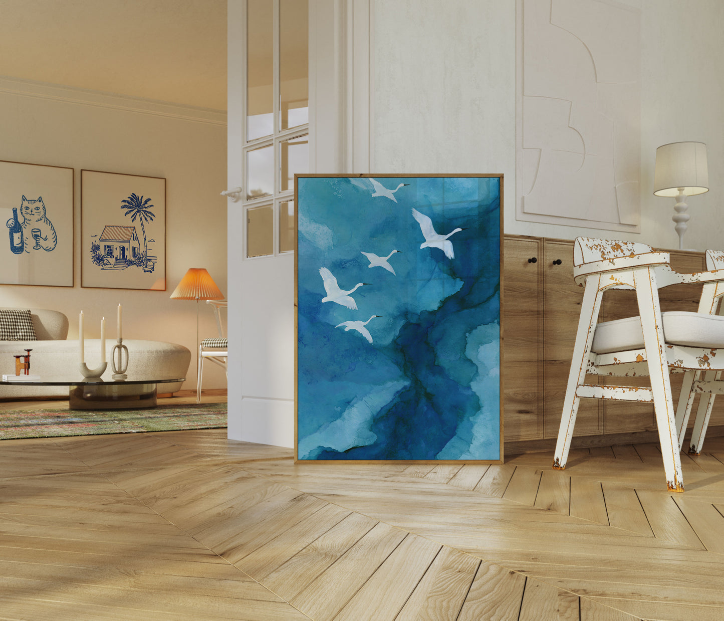 Flying Cranes Over Blue Waters Poster