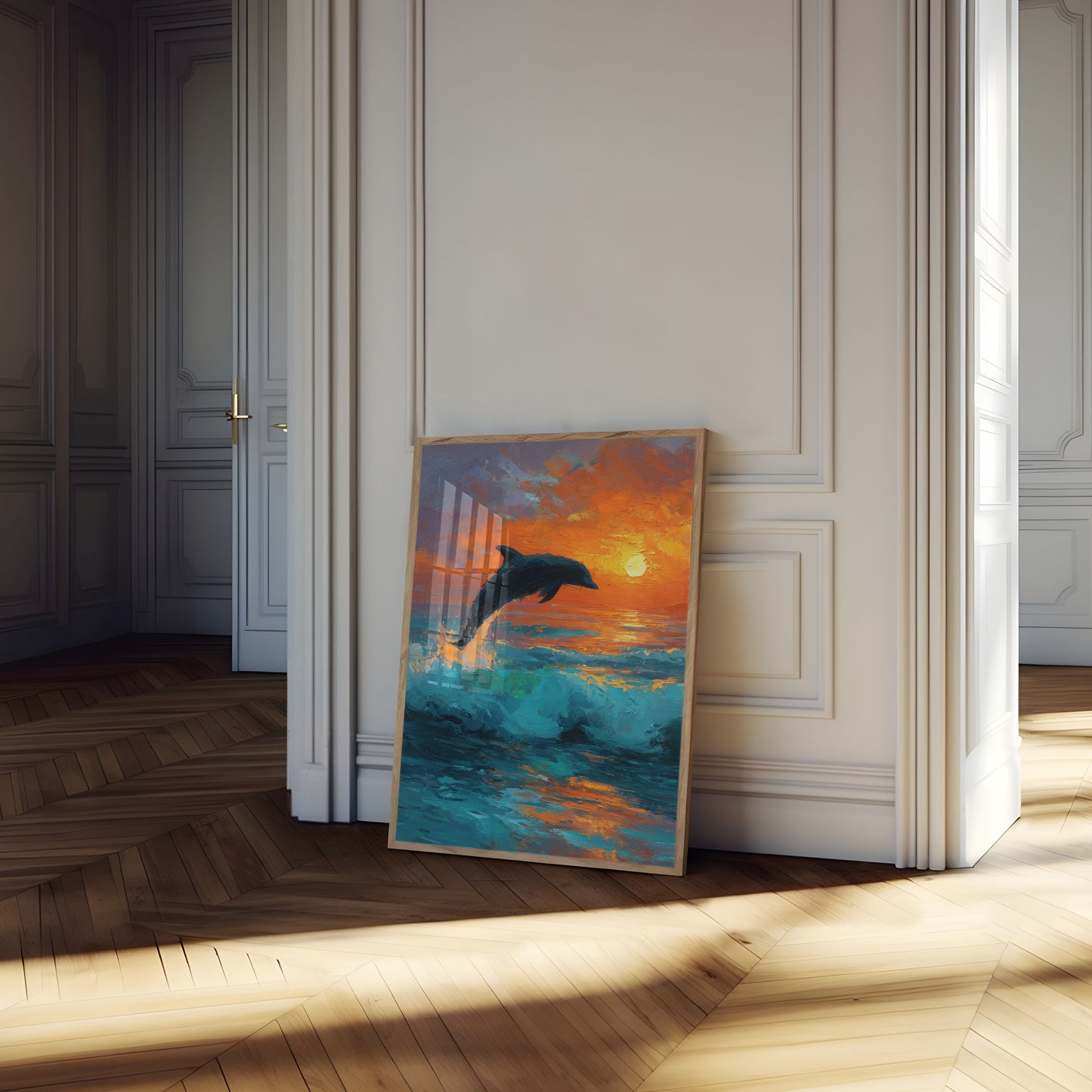 Poster Delfino che Salta al Tramonto